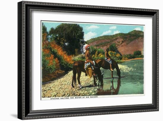 New Mexico - Apache Natives on Horseback Stop for Water at Rio Navajo-Lantern Press-Framed Art Print