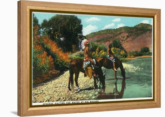 New Mexico - Apache Natives on Horseback Stop for Water at Rio Navajo-Lantern Press-Framed Stretched Canvas