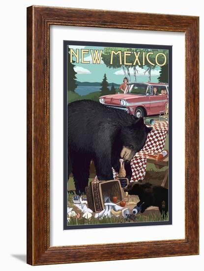 New Mexico - Bear and Picnic Scene-Lantern Press-Framed Art Print