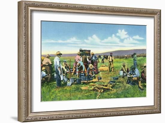 New Mexico, Cowboys at the Chuck Wagon on the Roundup-Lantern Press-Framed Art Print