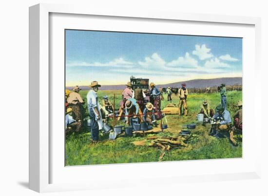 New Mexico, Cowboys at the Chuck Wagon on the Roundup-Lantern Press-Framed Art Print