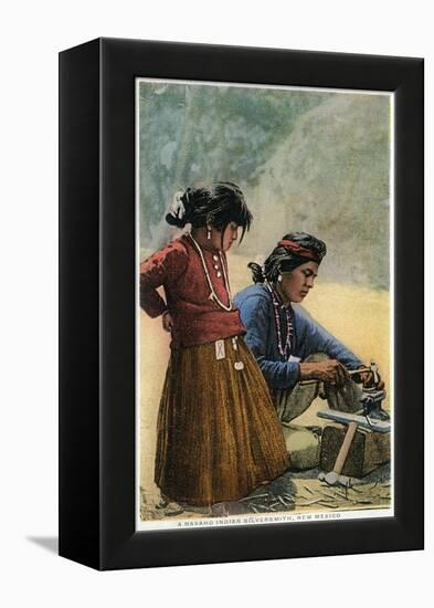 New Mexico - Navajo Silversmith Working with Daughter-Lantern Press-Framed Stretched Canvas