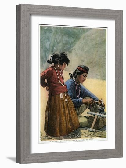 New Mexico - Navajo Silversmith Working with Daughter-Lantern Press-Framed Art Print