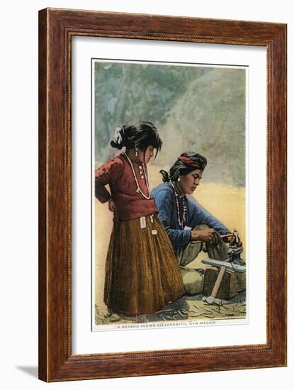 New Mexico - Navajo Silversmith Working with Daughter-Lantern Press-Framed Art Print