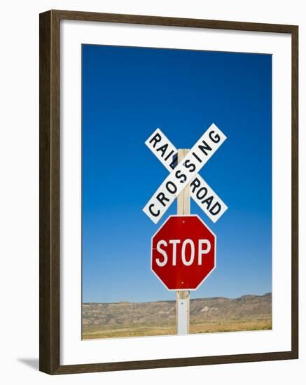 New Mexico, Route 66, Near Montoya, Railroad Crossing and Sign, USA-Alan Copson-Framed Photographic Print