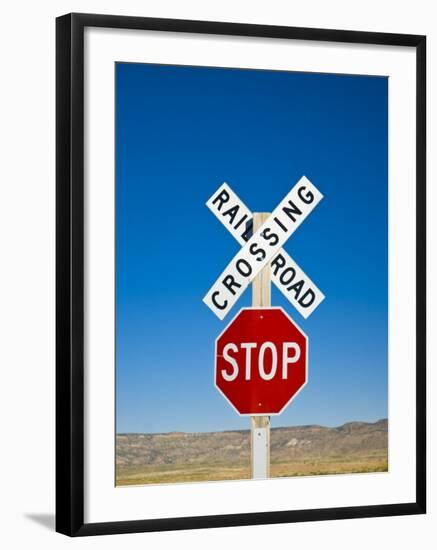 New Mexico, Route 66, Near Montoya, Railroad Crossing and Sign, USA-Alan Copson-Framed Photographic Print