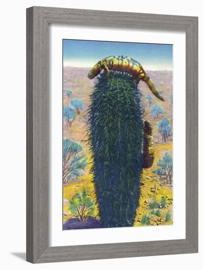 New Mexico - View of Gila Monsters on Cactus-Lantern Press-Framed Art Print