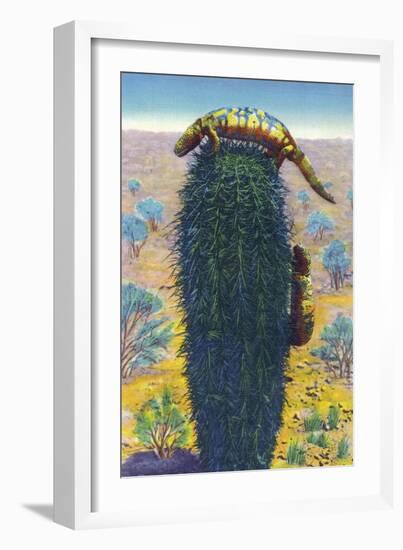 New Mexico - View of Gila Monsters on Cactus-Lantern Press-Framed Art Print