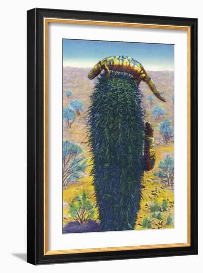 New Mexico - View of Gila Monsters on Cactus-Lantern Press-Framed Art Print