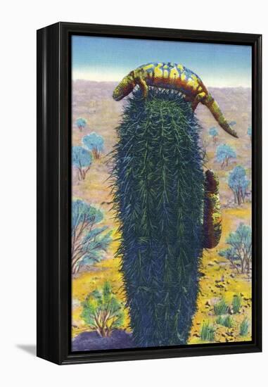 New Mexico - View of Gila Monsters on Cactus-Lantern Press-Framed Stretched Canvas