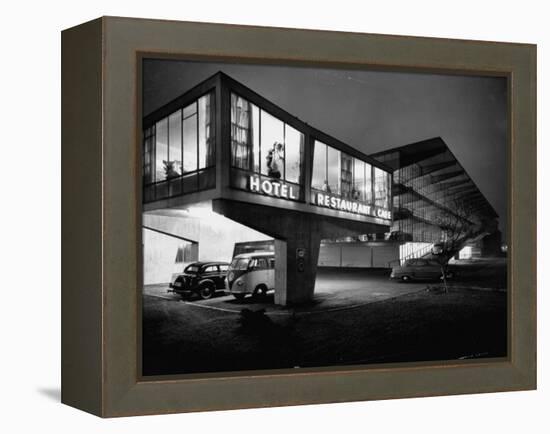 New Motel, Restaurant and Glass and Steel Garage-Ralph Crane-Framed Premier Image Canvas