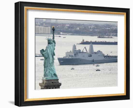 New Navy Assault Ship USS New York, Built with World Trade Center Steel, Passes Statue of Liberty-null-Framed Photographic Print