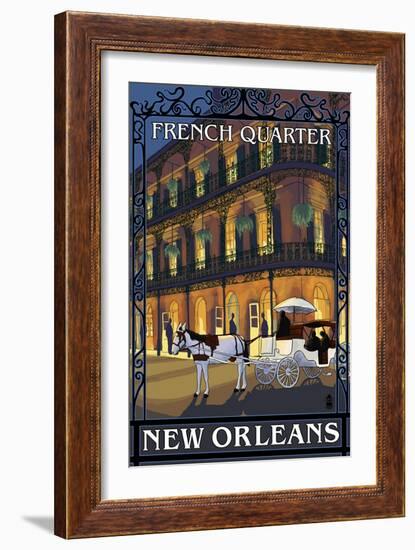 New Orleans, Louisiana - French Quarter at Night - Lantern Press Original Poster-Lantern Press-Framed Art Print