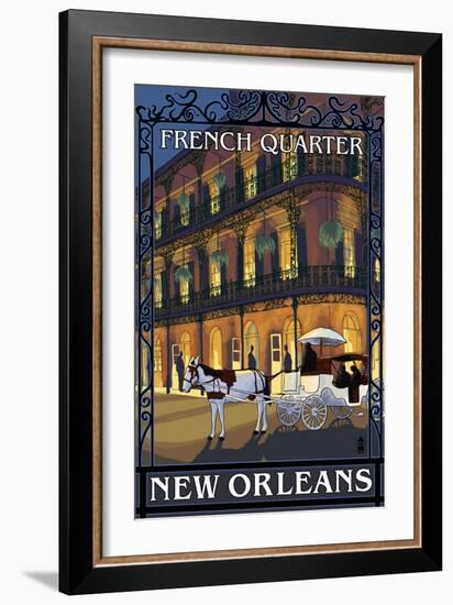 New Orleans, Louisiana - French Quarter at Night - Lantern Press Original Poster-Lantern Press-Framed Art Print