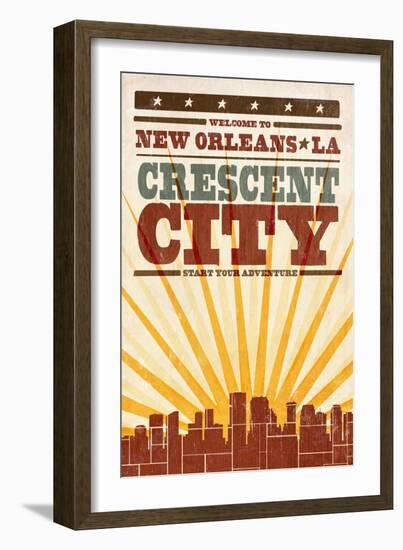 New Orleans, Louisiana - Skyline and Sunburst Screenprint Style-Lantern Press-Framed Art Print