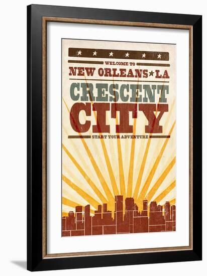 New Orleans, Louisiana - Skyline and Sunburst Screenprint Style-Lantern Press-Framed Art Print