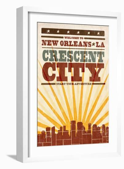 New Orleans, Louisiana - Skyline and Sunburst Screenprint Style-Lantern Press-Framed Art Print