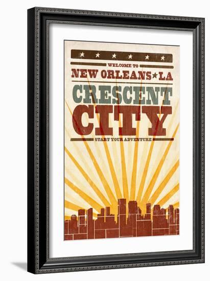 New Orleans, Louisiana - Skyline and Sunburst Screenprint Style-Lantern Press-Framed Art Print