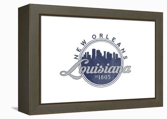 New Orleans, Louisiana - Skyline Seal (Blue)-Lantern Press-Framed Stretched Canvas