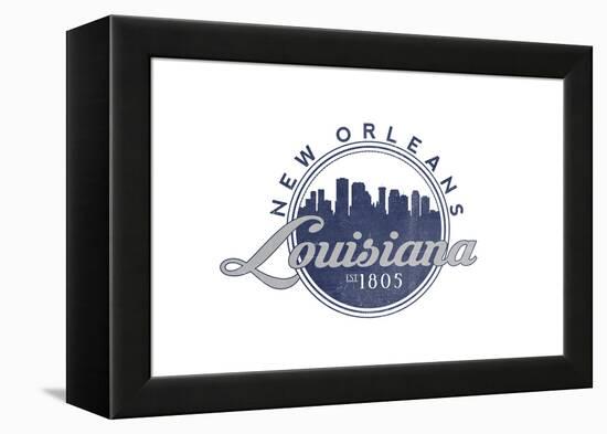 New Orleans, Louisiana - Skyline Seal (Blue)-Lantern Press-Framed Stretched Canvas