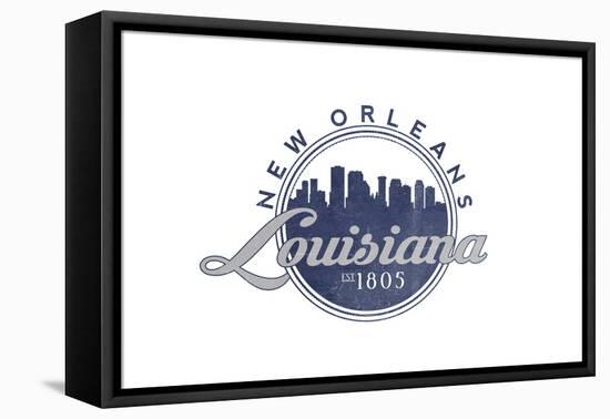 New Orleans, Louisiana - Skyline Seal (Blue)-Lantern Press-Framed Stretched Canvas