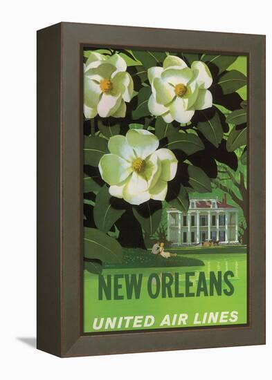 New Orleans - United Air Lines - Magnolia Blossoms - Vintage Travel Poster, 1950s-Stan Galli-Framed Stretched Canvas