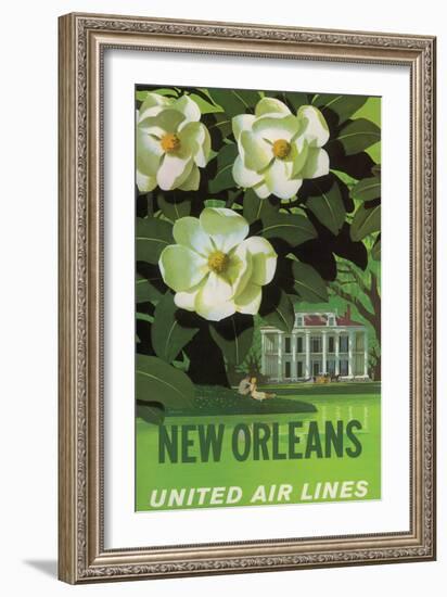 New Orleans - United Air Lines - Magnolia Blossoms - Vintage Travel Poster, 1950s-Stan Galli-Framed Art Print