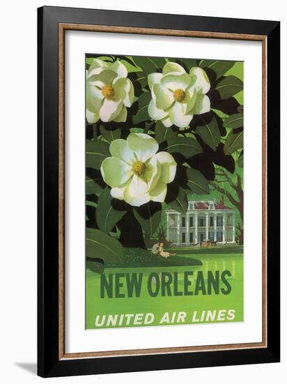 New Orleans - United Air Lines - Magnolia Blossoms - Vintage Travel Poster, 1950s-Stan Galli-Framed Art Print
