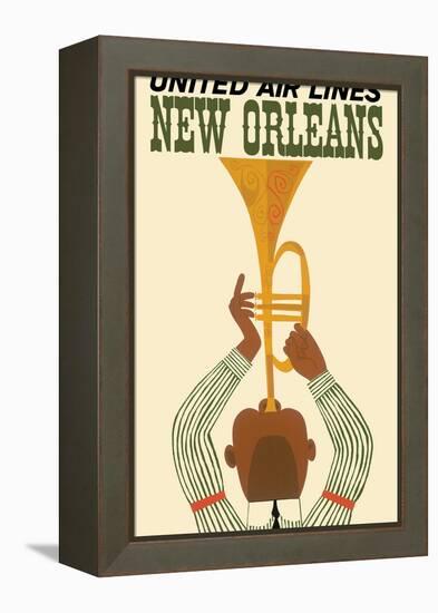 New Orleans - Vintage United Air Lines Travel Poster - Jazz Trumpet Player 1960s-Pacifica Island Art-Framed Stretched Canvas