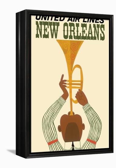 New Orleans - Vintage United Air Lines Travel Poster - Jazz Trumpet Player 1960s-Pacifica Island Art-Framed Stretched Canvas