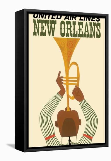 New Orleans - Vintage United Air Lines Travel Poster - Jazz Trumpet Player 1960s-Pacifica Island Art-Framed Stretched Canvas