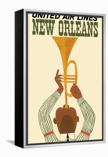 New Orleans - Vintage United Air Lines Travel Poster - Jazz Trumpet Player 1960s-Pacifica Island Art-Framed Stretched Canvas