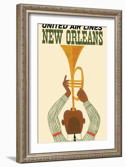 New Orleans - Vintage United Air Lines Travel Poster - Jazz Trumpet Player 1960s-Pacifica Island Art-Framed Art Print