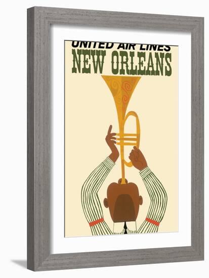 New Orleans - Vintage United Air Lines Travel Poster - Jazz Trumpet Player 1960s-Pacifica Island Art-Framed Art Print