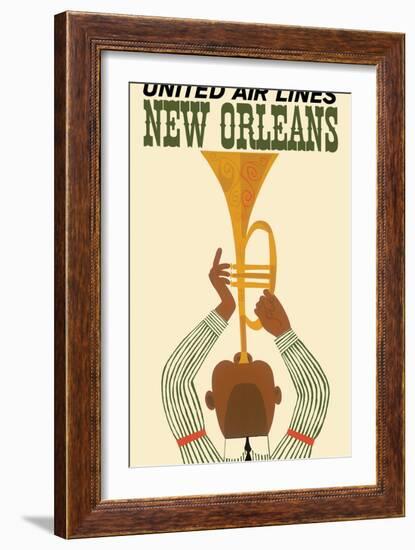 New Orleans - Vintage United Air Lines Travel Poster - Jazz Trumpet Player 1960s-Pacifica Island Art-Framed Art Print