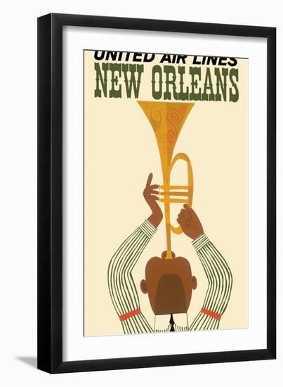 New Orleans - Vintage United Air Lines Travel Poster - Jazz Trumpet Player 1960s-Pacifica Island Art-Framed Art Print