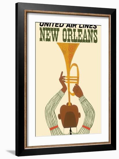 New Orleans - Vintage United Air Lines Travel Poster - Jazz Trumpet Player 1960s-Pacifica Island Art-Framed Art Print