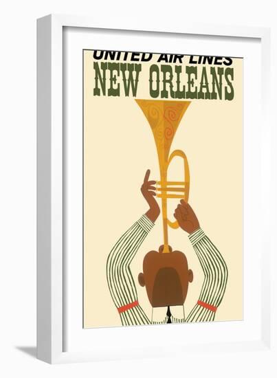 New Orleans - Vintage United Air Lines Travel Poster - Jazz Trumpet Player 1960s-Pacifica Island Art-Framed Art Print