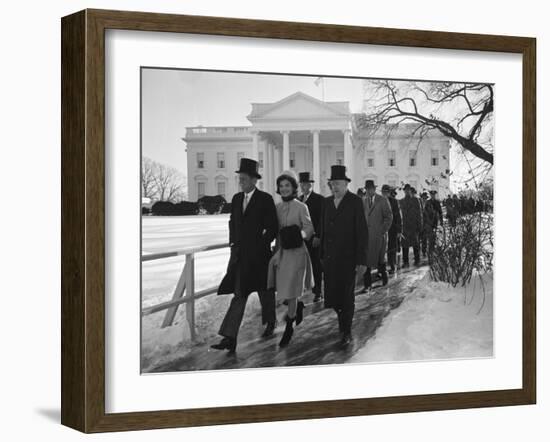 New Pres. John F. Kennedy and Wife Jacqueline Kennedy and Others Walking to His Inauguration-null-Framed Photographic Print