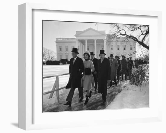 New Pres. John F. Kennedy and Wife Jacqueline Kennedy and Others Walking to His Inauguration-null-Framed Photographic Print