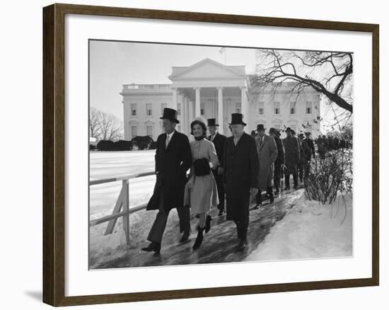 New Pres. John F. Kennedy and Wife Jacqueline Kennedy and Others Walking to His Inauguration-null-Framed Photographic Print