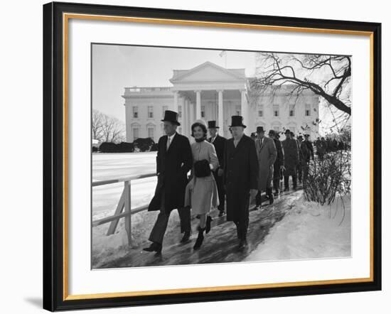 New Pres. John F. Kennedy and Wife Jacqueline Kennedy and Others Walking to His Inauguration-null-Framed Photographic Print