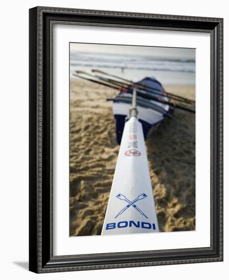 New South Wales, Sydney, A Surfboat Sits on Beach at Bondi in Sydney's Eastern Beaches, Australia-Andrew Watson-Framed Photographic Print