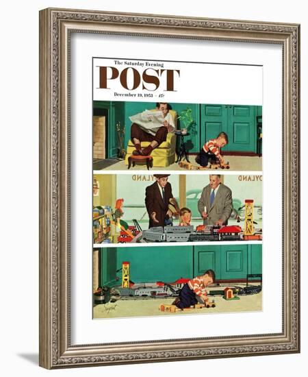 "New Toy Train" Saturday Evening Post Cover, December 19, 1953-Richard Sargent-Framed Giclee Print