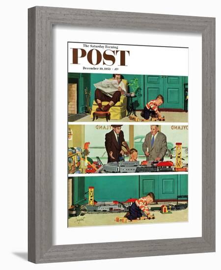 "New Toy Train" Saturday Evening Post Cover, December 19, 1953-Richard Sargent-Framed Giclee Print