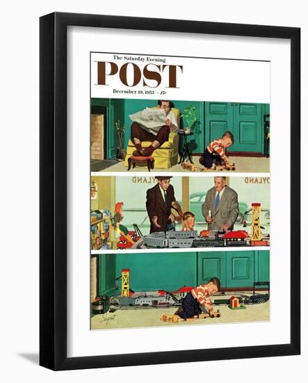 "New Toy Train" Saturday Evening Post Cover, December 19, 1953-Richard Sargent-Framed Giclee Print