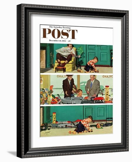 "New Toy Train" Saturday Evening Post Cover, December 19, 1953-Richard Sargent-Framed Giclee Print