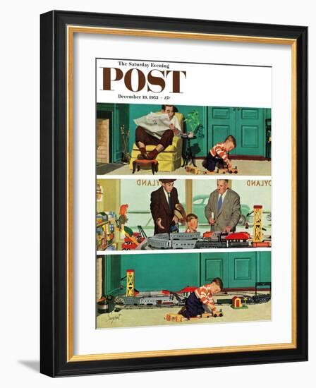 "New Toy Train" Saturday Evening Post Cover, December 19, 1953-Richard Sargent-Framed Giclee Print