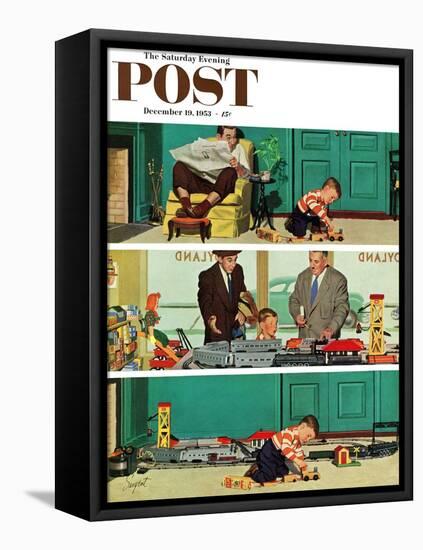 "New Toy Train" Saturday Evening Post Cover, December 19, 1953-Richard Sargent-Framed Premier Image Canvas