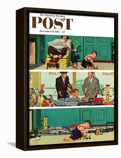 "New Toy Train" Saturday Evening Post Cover, December 19, 1953-Richard Sargent-Framed Premier Image Canvas